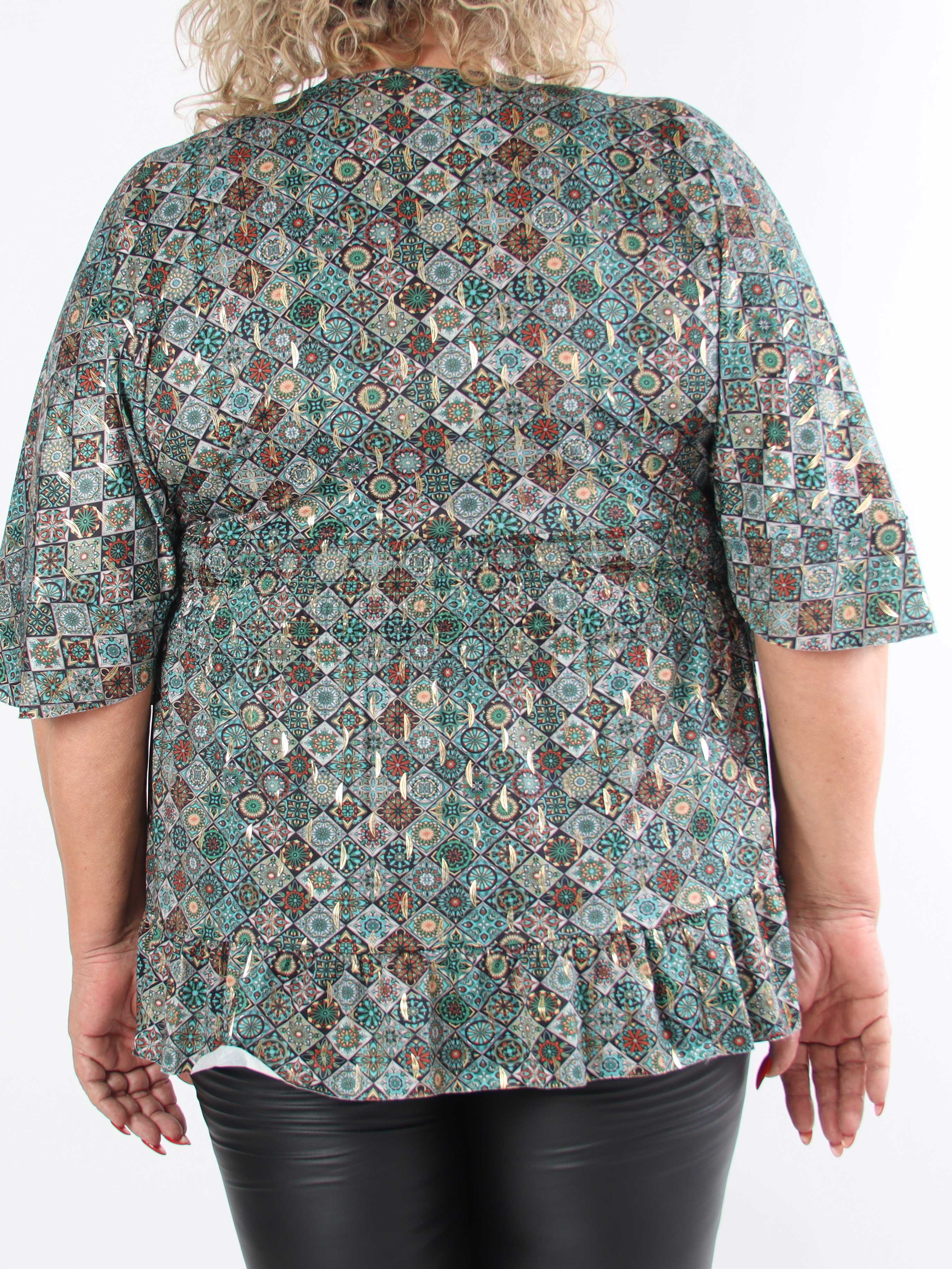 Pamela Mosaic Shirt - Elastisk plus size tunika med smock og flæser